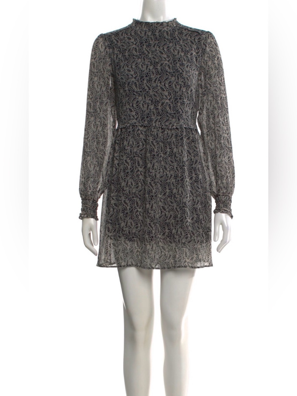 Sezane Black Paisley Long-Sleeve Mini Dress